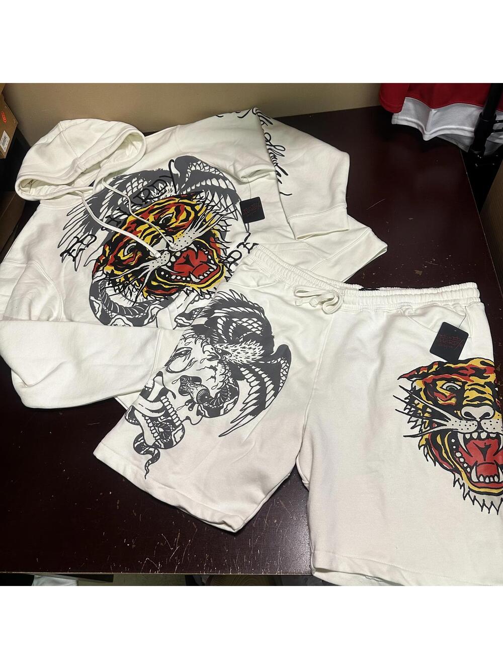 Ed Hardy off White tiger graphic hoodie with matching short Hoodie L shorts XL